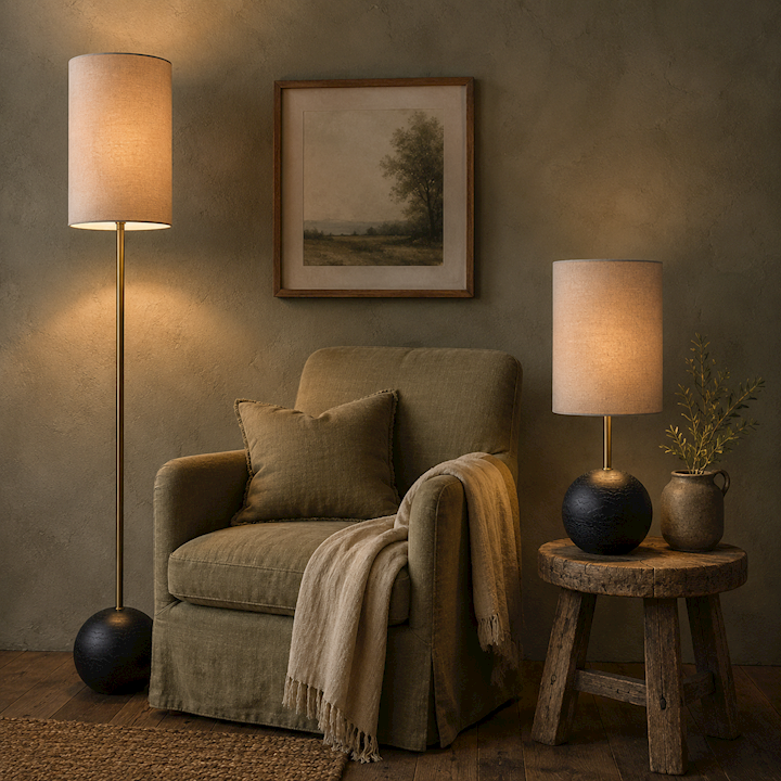 BLACK BALL TABLE LAMP WITH OATMEAL SHADE 25x25x64cm